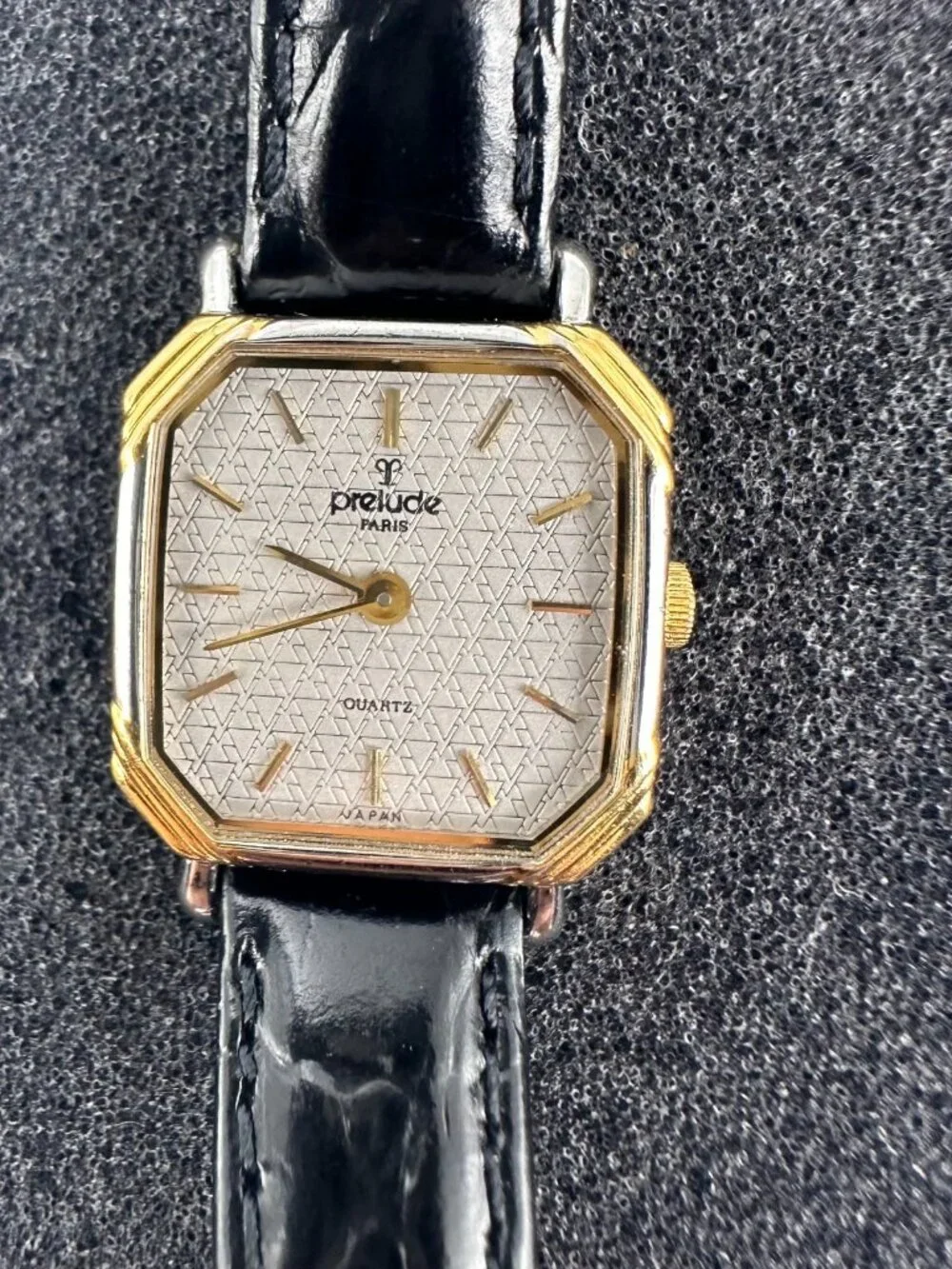 Vintage Prelude Watch Women Gold Tone Square Dial Black Leather Band New Battery
